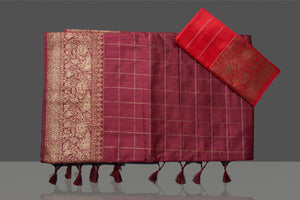 Buy gorgeous plum check tussar Banarasi saree online in USA with antique zari border. Go for stunning Indian designer sarees, georgette sarees, handwoven saris, embroidered sarees for festive occasions and weddings from Pure Elegance Indian clothing store in USA.-blouse
