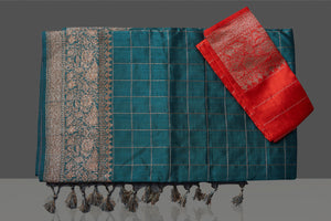 Shop gorgeous green check tussar Benarasi saree online in USA with antique zari border. Go for stunning Indian designer sarees, georgette sarees, handwoven saris, embroidered sarees for festive occasions and weddings from Pure Elegance Indian clothing store in USA.-blouse