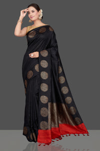 Buy ravishing black tussar Benarasi saree online in USA with antique zari buta border. Go for stunning Indian designer sarees, georgette sarees, handwoven saris, embroidered sarees for festive occasions and weddings from Pure Elegance Indian clothing store in USA.-full view
