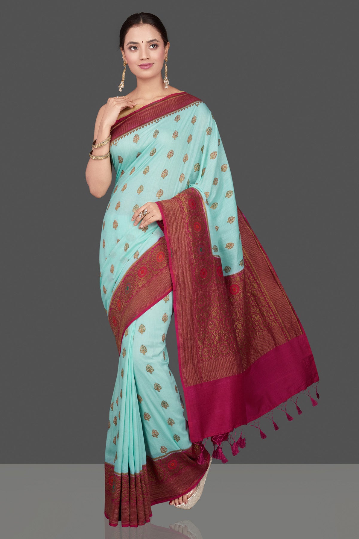 Buy gorgeous pastel blue Muga Banarasi sari online in USA with pink antique zari border. Get ready for festive occasions and weddings in tasteful designer sarees, Banarasi sarees, handwoven sarees from Pure Elegance Indian clothing store in USA.-full view