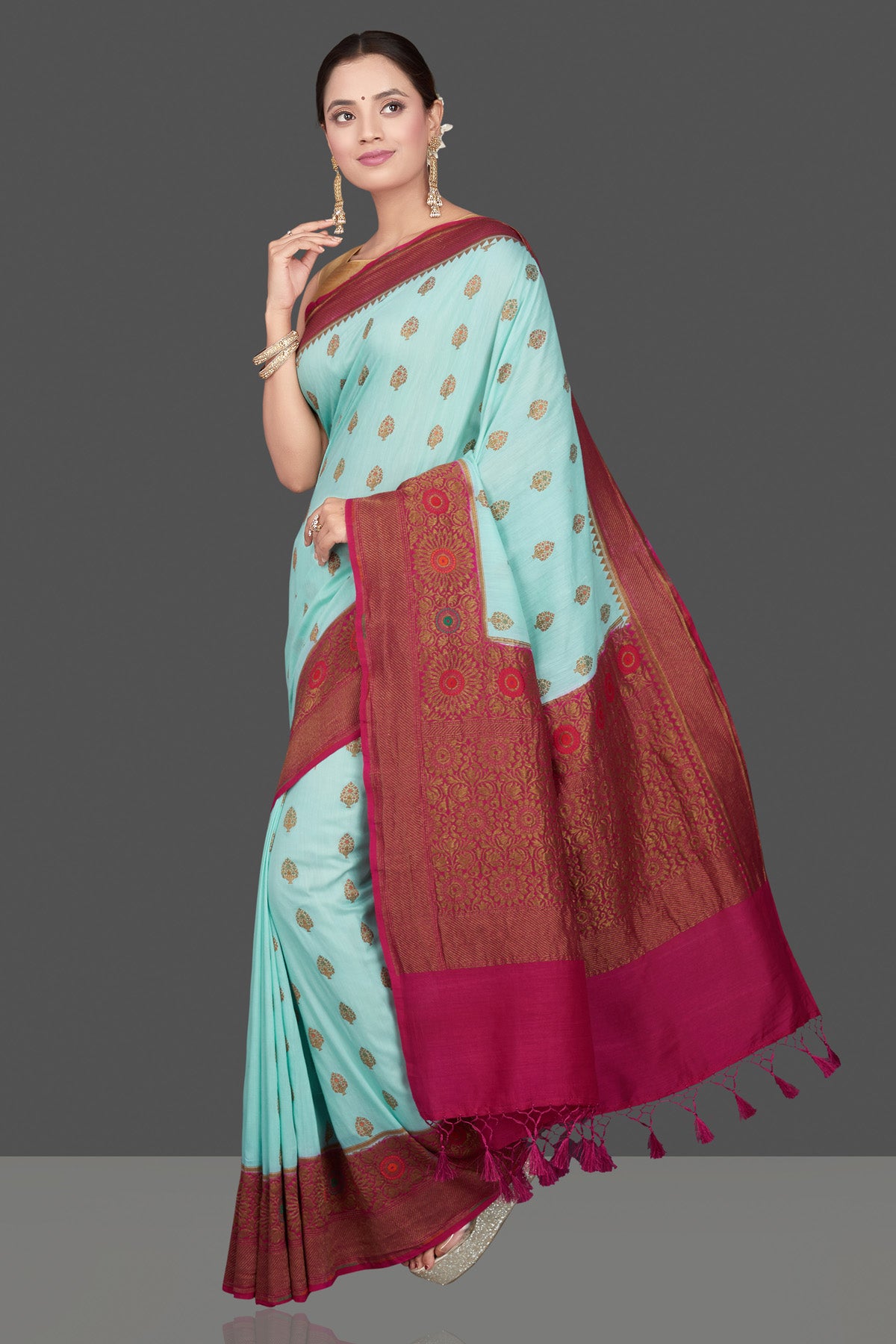 Buy gorgeous pastel blue Muga Banarasi sari online in USA with pink antique zari border. Get ready for festive occasions and weddings in tasteful designer sarees, Banarasi sarees, handwoven sarees from Pure Elegance Indian clothing store in USA.-pallu