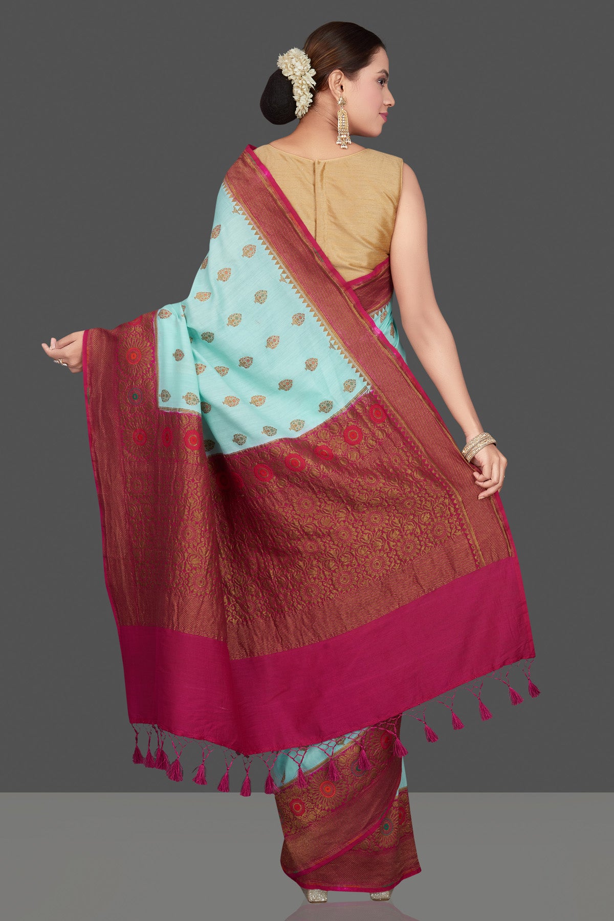 Buy gorgeous pastel blue Muga Banarasi sari online in USA with pink antique zari border. Get ready for festive occasions and weddings in tasteful designer sarees, Banarasi sarees, handwoven sarees from Pure Elegance Indian clothing store in USA.-back