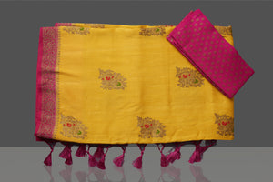 Shop stunning yellow Muga Banarasi saree online in USA with pink antique zari border. Get ready for festive occasions and weddings in tasteful designer sarees, Banarasi sarees, handwoven sarees from Pure Elegance Indian clothing store in USA.-blouse
