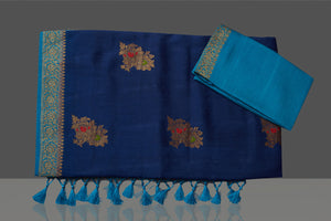 Buy beautiful dark blue Muga Banarasi sari online in USA with light blue antique zari border. Get ready for festive occasions and weddings in tasteful designer sarees, Banarasi sarees, handwoven sarees from Pure Elegance Indian clothing store in USA.-blouse