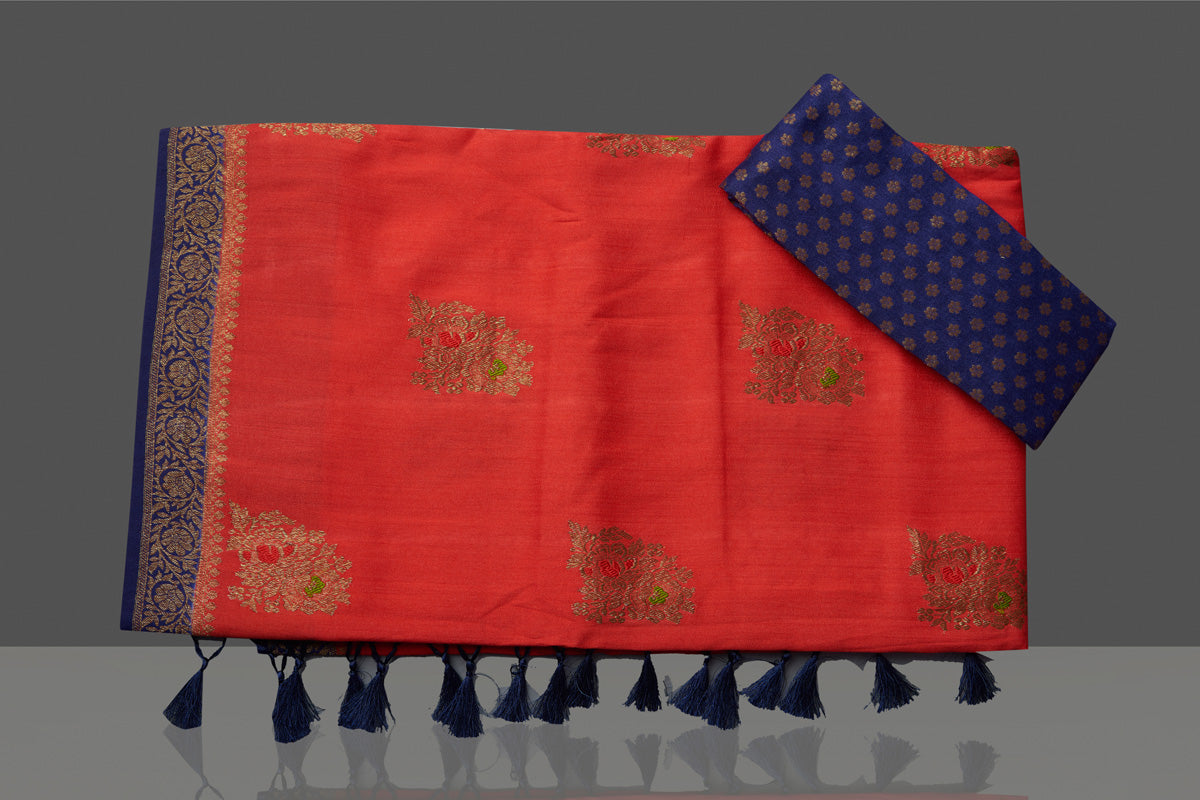 Shop beautiful red Muga Banarasi saree online in USA with blue antique zari border. Get ready for festive occasions and weddings in tasteful designer sarees, Banarasi sarees, handwoven sarees from Pure Elegance Indian clothing store in USA.-blouse