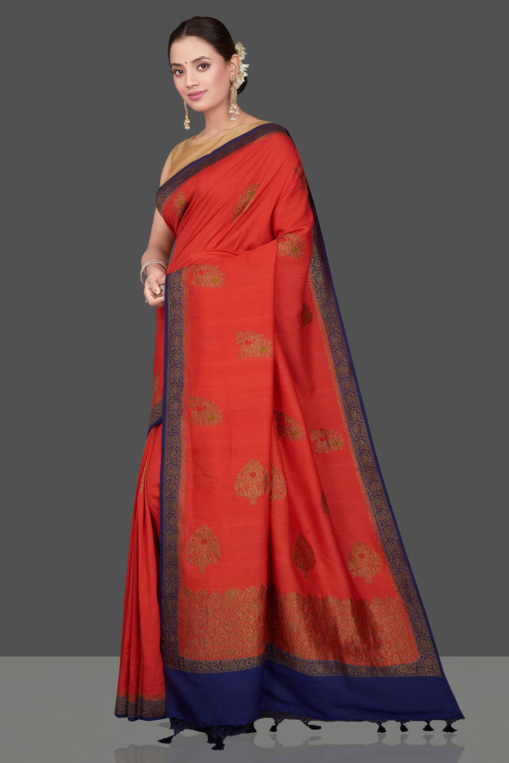 Shop beautiful red Muga Banarasi saree online in USA with blue antique zari border. Get ready for festive occasions and weddings in tasteful designer sarees, Banarasi sarees, handwoven sarees from Pure Elegance Indian clothing store in USA.-full view