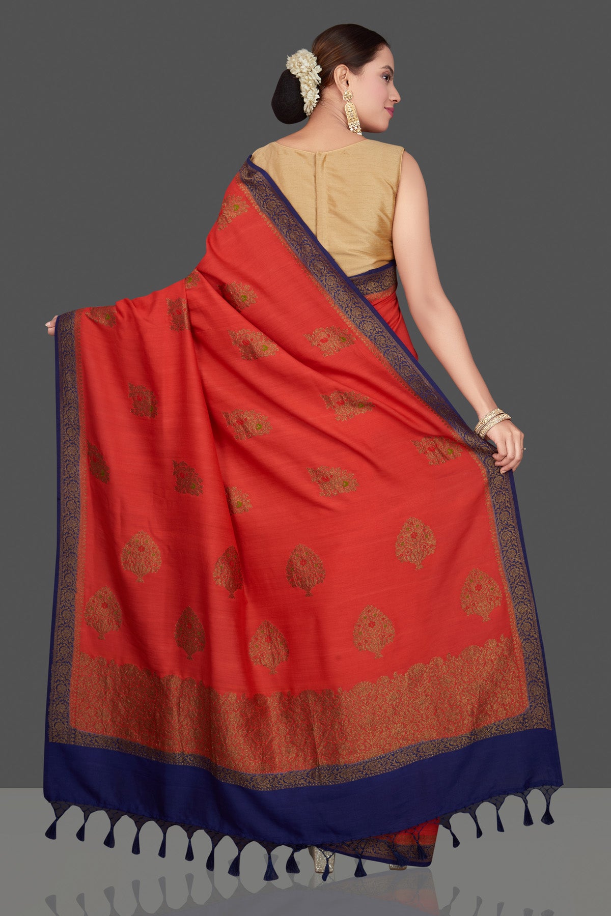 Shop beautiful red Muga Banarasi saree online in USA with blue antique zari border. Get ready for festive occasions and weddings in tasteful designer sarees, Banarasi sarees, handwoven sarees from Pure Elegance Indian clothing store in USA.-back