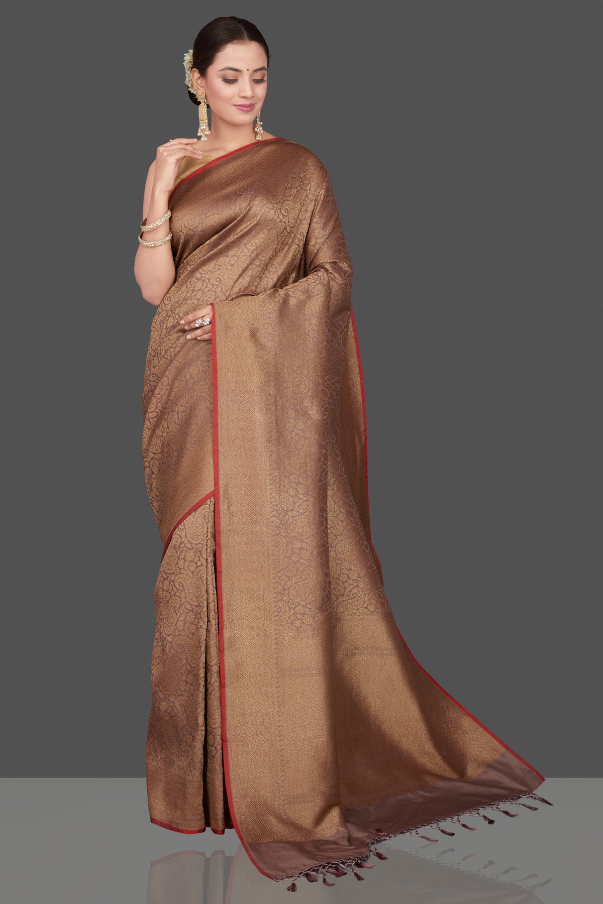 Shop beautiful beige tussar Banarasi saree online in USA with golden zari work. Get ready for festive occasions and weddings in tasteful designer sarees, Banarasi sarees, handwoven sarees from Pure Elegance Indian clothing store in USA.-full view