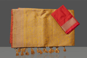 Buy gorgeous mustard tussar Banarasi sari online in USA with golden zari work. Get ready for festive occasions and weddings in tasteful designer saris, Banarasi sarees, handwoven sarees from Pure Elegance Indian clothing store in USA.-blouse