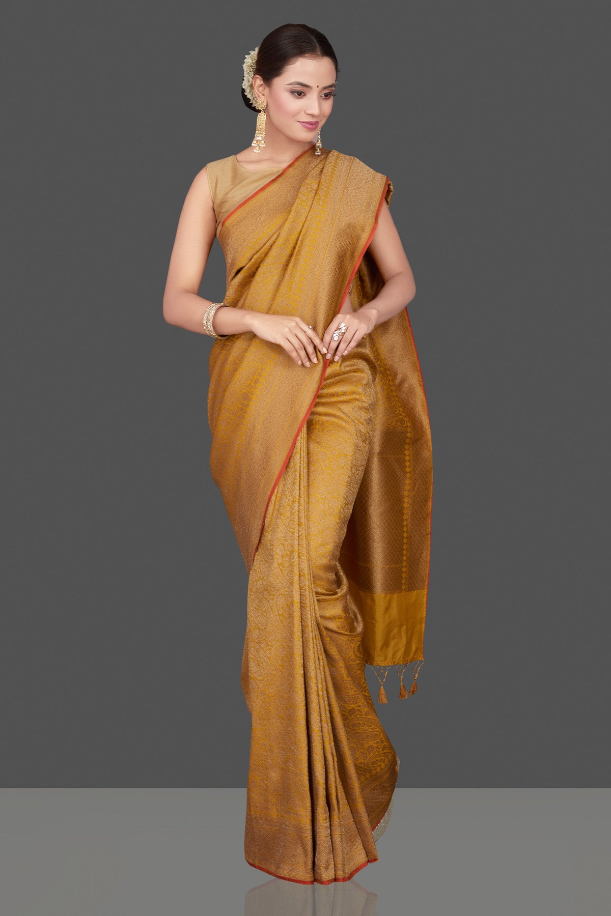 Buy gorgeous mustard tussar Banarasi sari online in USA with golden zari work. Get ready for festive occasions and weddings in tasteful designer saris, Banarasi sarees, handwoven sarees from Pure Elegance Indian clothing store in USA.-full view