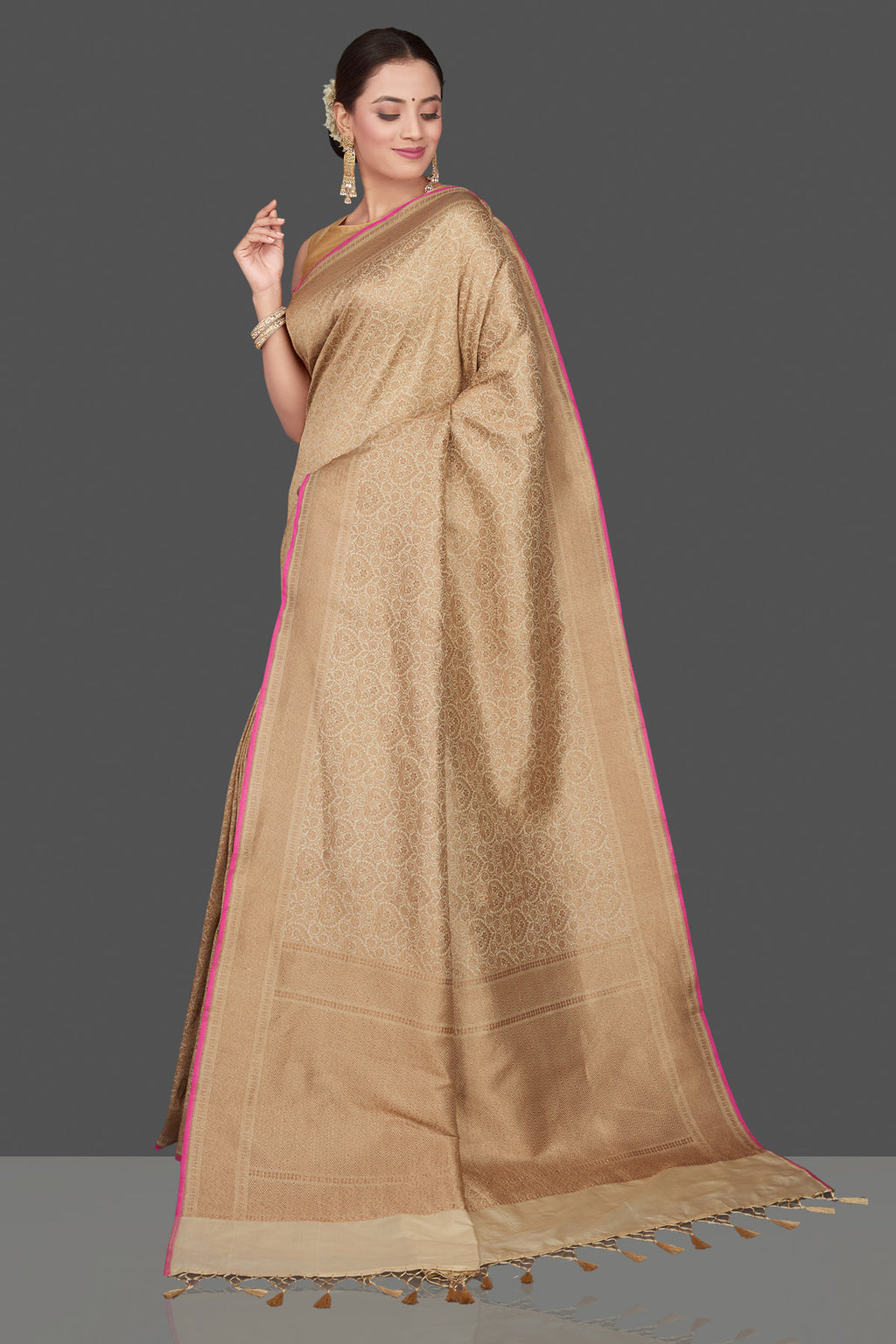 Buy beautiful beige tussar Banarasi saree online in USA with golden zari work. Get ready for festive occasions and weddings in tasteful designer saris, Banarasi sarees, handwoven sarees from Pure Elegance Indian clothing store in USA.-full view
