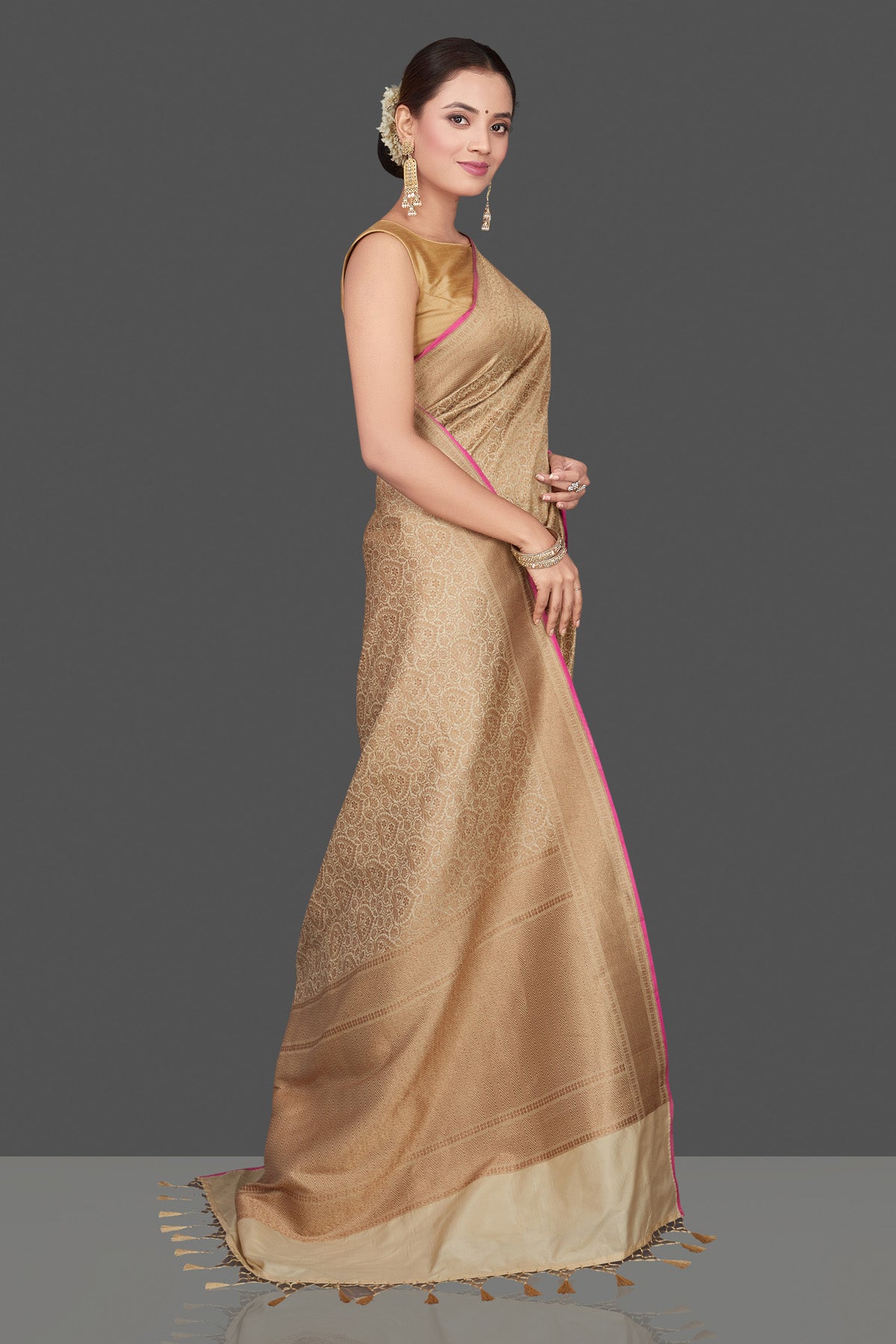 Buy beautiful beige tussar Banarasi saree online in USA with golden zari work. Get ready for festive occasions and weddings in tasteful designer saris, Banarasi sarees, handwoven sarees from Pure Elegance Indian clothing store in USA.-side