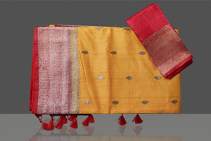 Shop beautiful yellow tussar Banarasi saree online in USA with red zari border. Get ready for festive occasions and weddings in tasteful designer saris, Banarasi sarees, handwoven sarees from Pure Elegance Indian clothing store in USA.-blouse