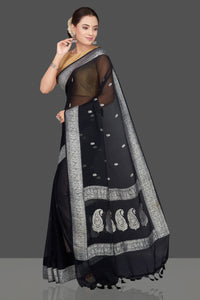 Buy black chiffon georgette saree online in USA with silver zari border. Go for stunning Indian designer sarees, georgette sarees, handwoven saris, embroidered sarees for festive occasions and weddings from Pure Elegance Indian clothing store in USA.-full view