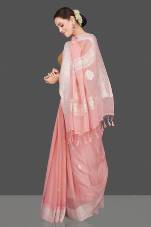Shop gorgeous light pink chiffon georgette sari online in USA with silver zari border. Go for stunning Indian designer sarees, georgette sarees, handwoven saris, embroidered sarees for festive occasions and weddings from Pure Elegance Indian clothing store in USA.-pallu