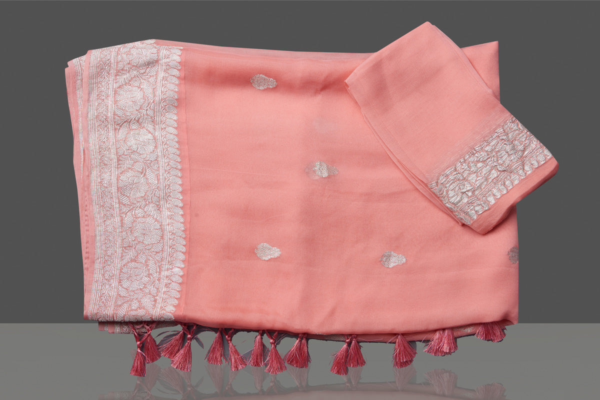 Shop stunning blush pink georgette chiffon sari online in USA with silver zari border. Go for stunning Indian designer sarees, georgette sarees, handwoven saris, embroidered sarees for festive occasions and weddings from Pure Elegance Indian clothing store in USA.-blouse