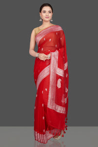 Shop gorgeous red georgette chiffon sari online in USA with silver zari border. Go for stunning Indian designer sarees, georgette sarees, handwoven sarees, embroidered sarees for festive occasions and weddings from Pure Elegance Indian clothing store in USA.-full view