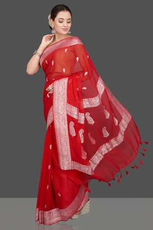 Shop gorgeous red georgette chiffon sari online in USA with silver zari border. Go for stunning Indian designer sarees, georgette sarees, handwoven sarees, embroidered sarees for festive occasions and weddings from Pure Elegance Indian clothing store in USA.-pallu