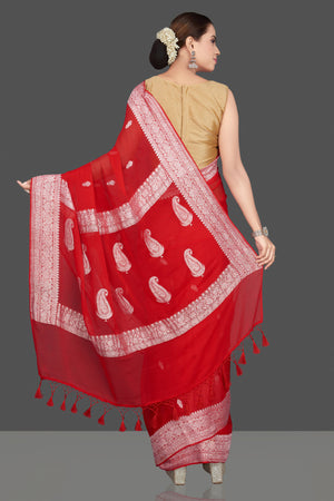 Shop gorgeous red georgette chiffon sari online in USA with silver zari border. Go for stunning Indian designer sarees, georgette sarees, handwoven sarees, embroidered sarees for festive occasions and weddings from Pure Elegance Indian clothing store in USA.-back