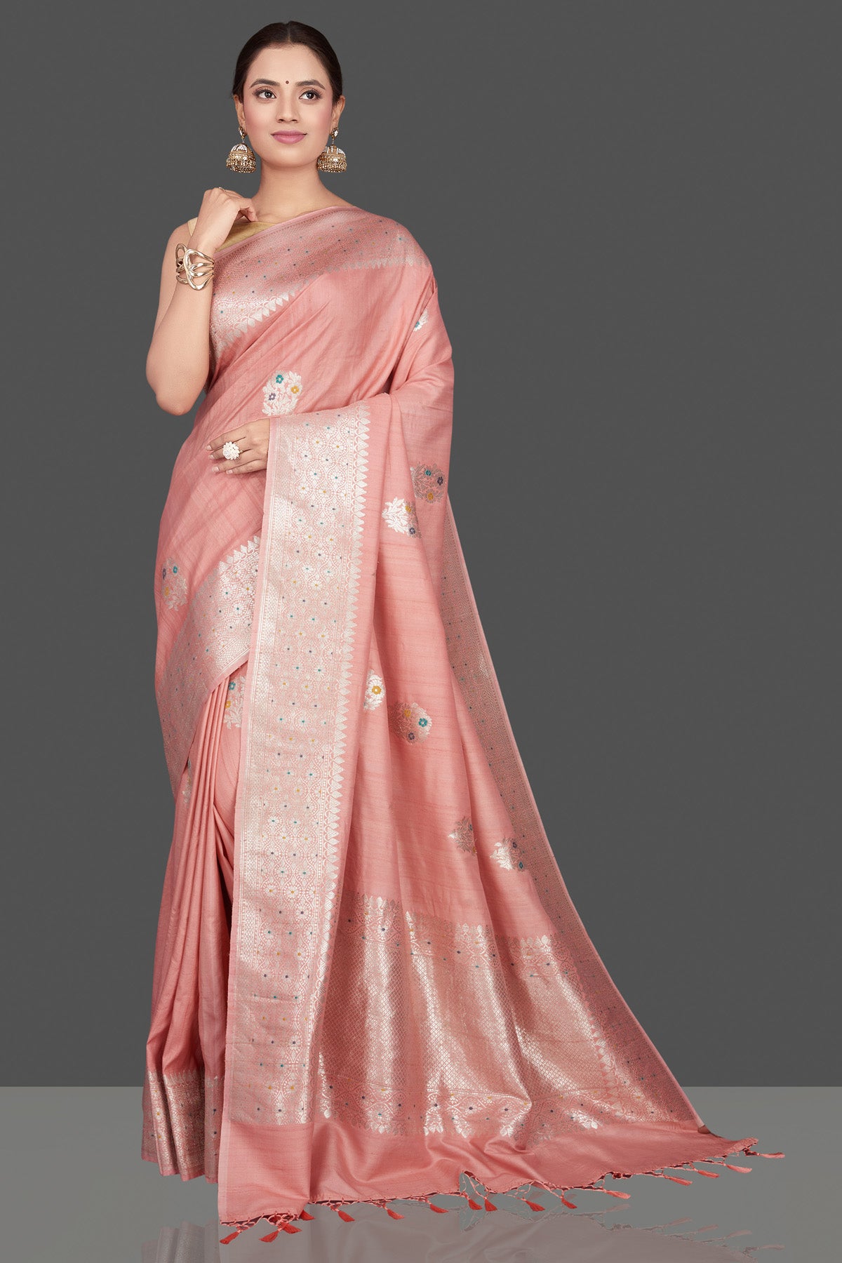 Shop Blush Pink Tussar Khadi Georgette Banarasi Saree Online in