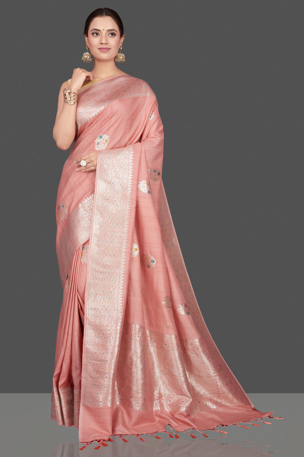 Shop stunning blush pink tussar khadi georgette Banarasi saree online in USA. Radiate ethnic charm on festive occasions in stunning Banarasi sarees, handloom sarees, pure silk sarees, embroidered sarees, designer sarees from Pure Elegance Indian saree store in USA.-full view