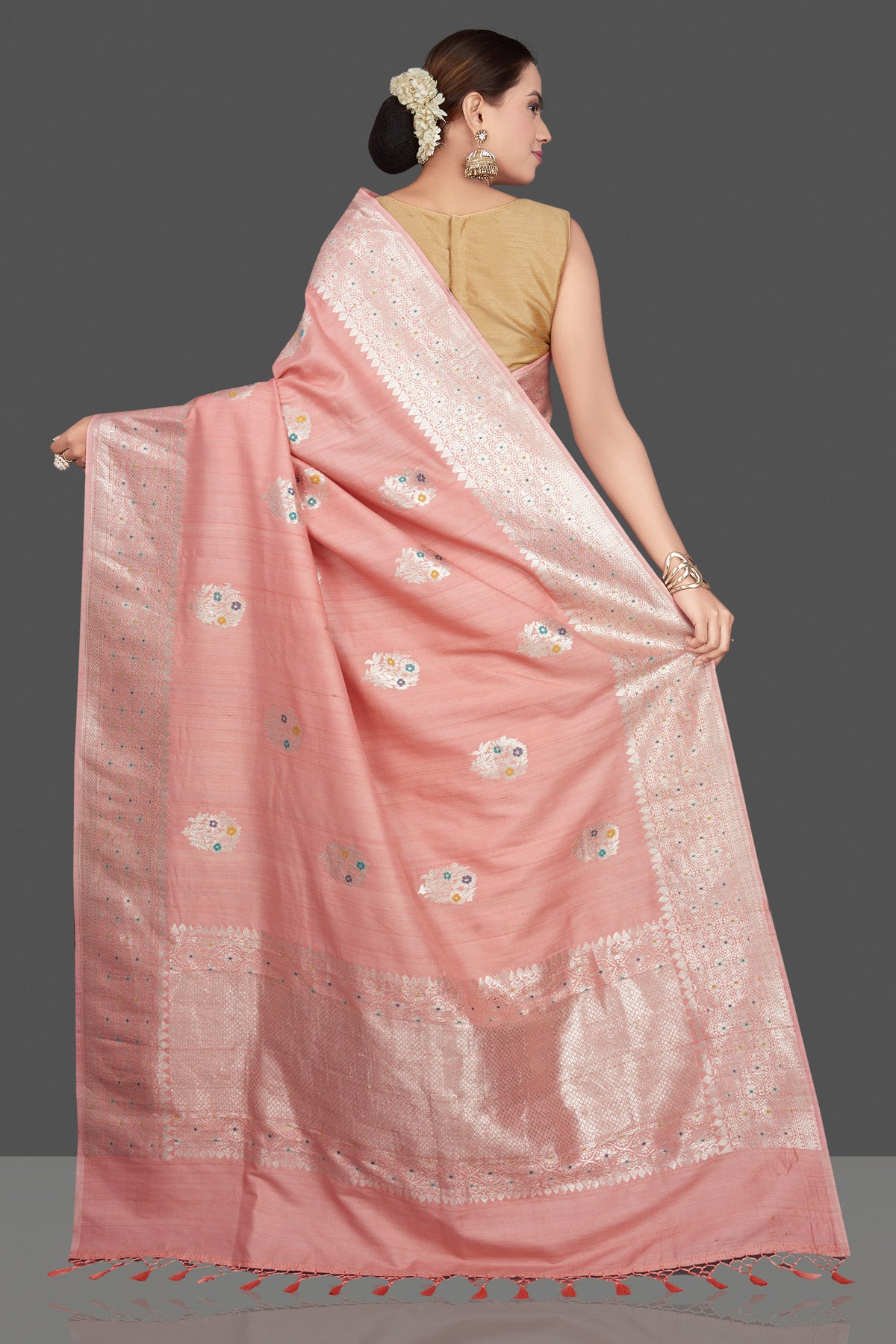 Shop stunning blush pink tussar khadi georgette Banarasi saree online in USA. Radiate ethnic charm on festive occasions in stunning Banarasi sarees, handloom sarees, pure silk sarees, embroidered sarees, designer sarees from Pure Elegance Indian saree store in USA.-back