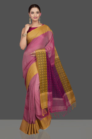 Shop stunning purple jacquard weave khaddi sari online in USA. Look gorgeous on special occasions with exquisite Indian sarees, handwoven sarees, Banarasi sarees, pure silk sarees from Pure Elegance Indian saree store in USA.-front