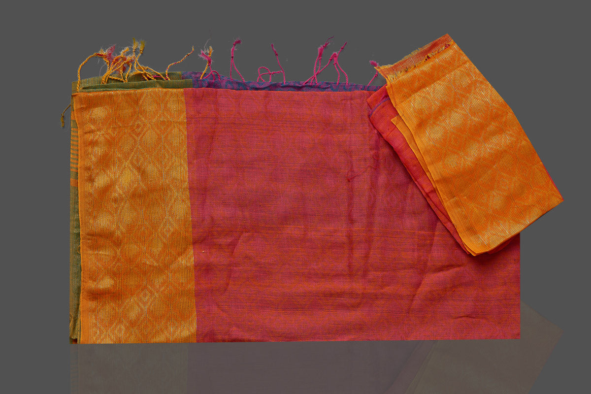 Buy beautiful pink jacquard weave khaddi sari online in USA with orange border. Look gorgeous on special occasions with exquisite Indian sarees, handwoven sarees, Banarasi sarees, pure silk sarees from Pure Elegance Indian saree store in USA.-blouse
