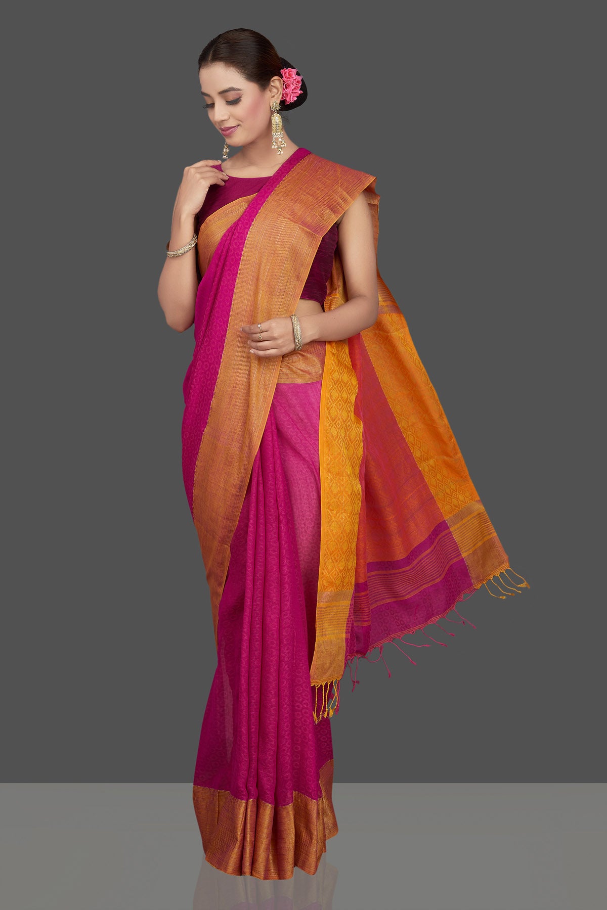 Buy beautiful pink jacquard weave khaddi sari online in USA with orange border. Look gorgeous on special occasions with exquisite Indian sarees, handwoven sarees, Banarasi sarees, pure silk sarees from Pure Elegance Indian saree store in USA.-full view