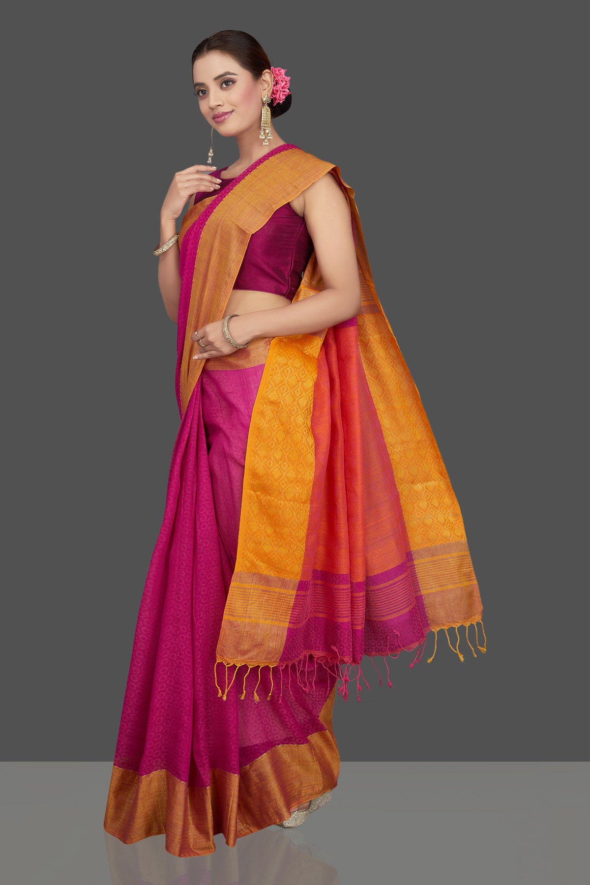 Buy beautiful pink jacquard weave khaddi sari online in USA with orange border. Look gorgeous on special occasions with exquisite Indian sarees, handwoven sarees, Banarasi sarees, pure silk sarees from Pure Elegance Indian saree store in USA.-pallu