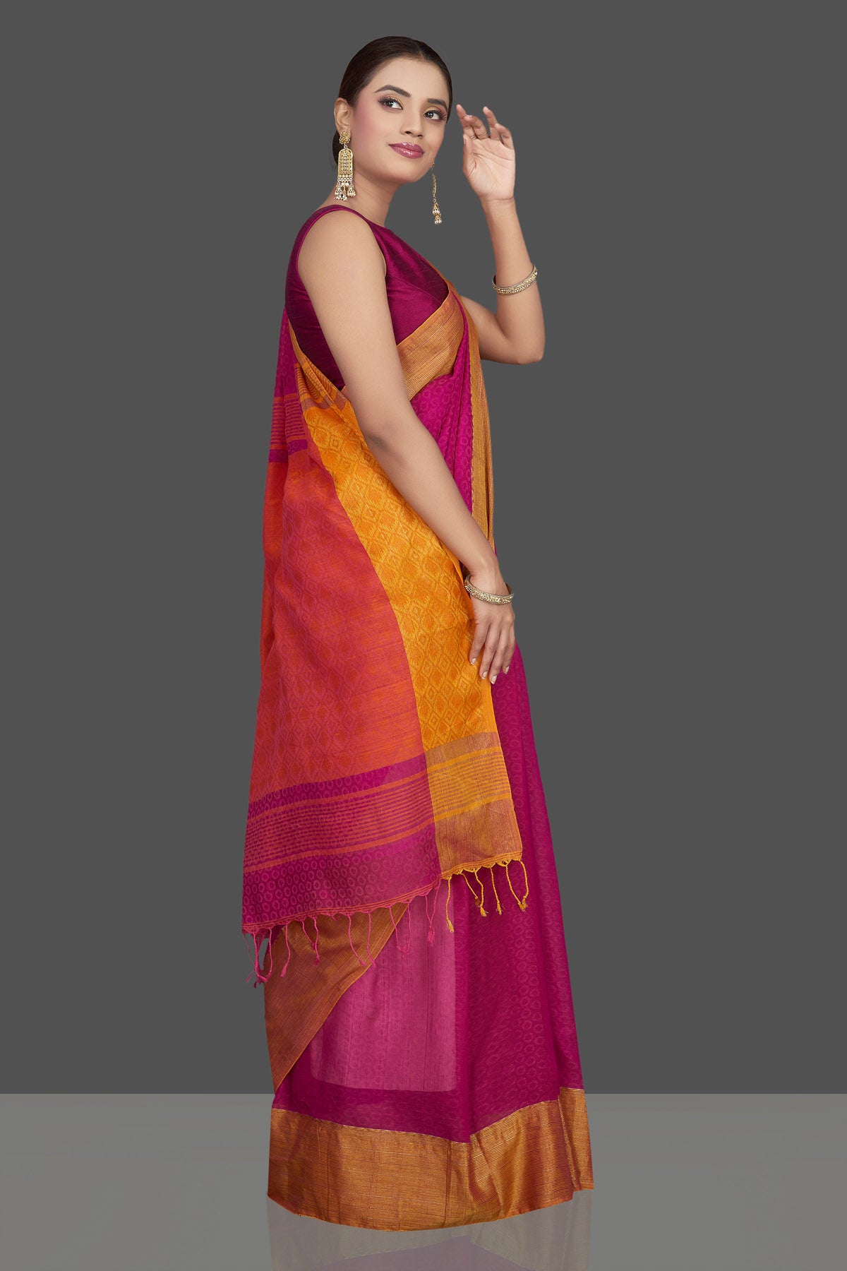 Buy beautiful pink jacquard weave khaddi sari online in USA with orange border. Look gorgeous on special occasions with exquisite Indian sarees, handwoven sarees, Banarasi sarees, pure silk sarees from Pure Elegance Indian saree store in USA.-side