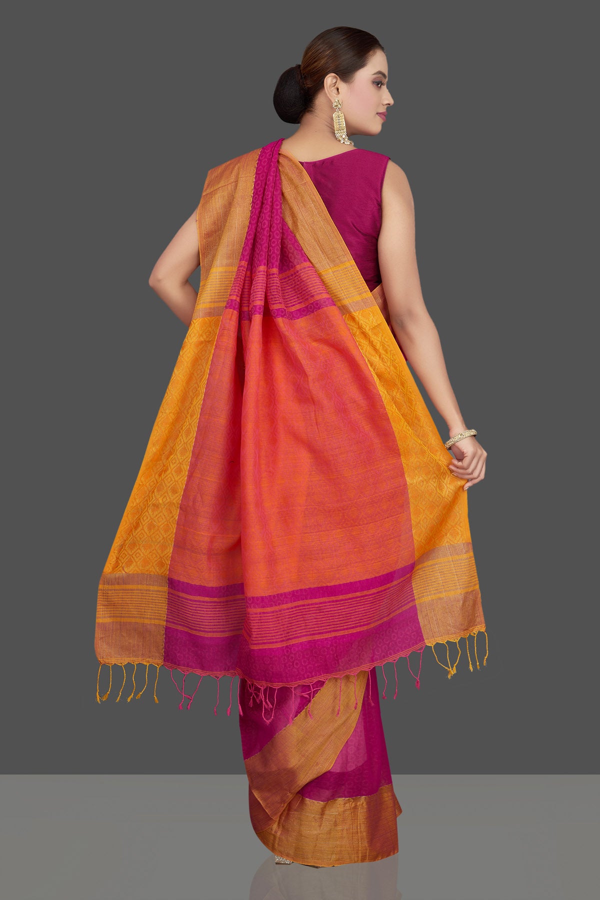 Buy beautiful pink jacquard weave khaddi sari online in USA with orange border. Look gorgeous on special occasions with exquisite Indian sarees, handwoven sarees, Banarasi sarees, pure silk sarees from Pure Elegance Indian saree store in USA.-back
