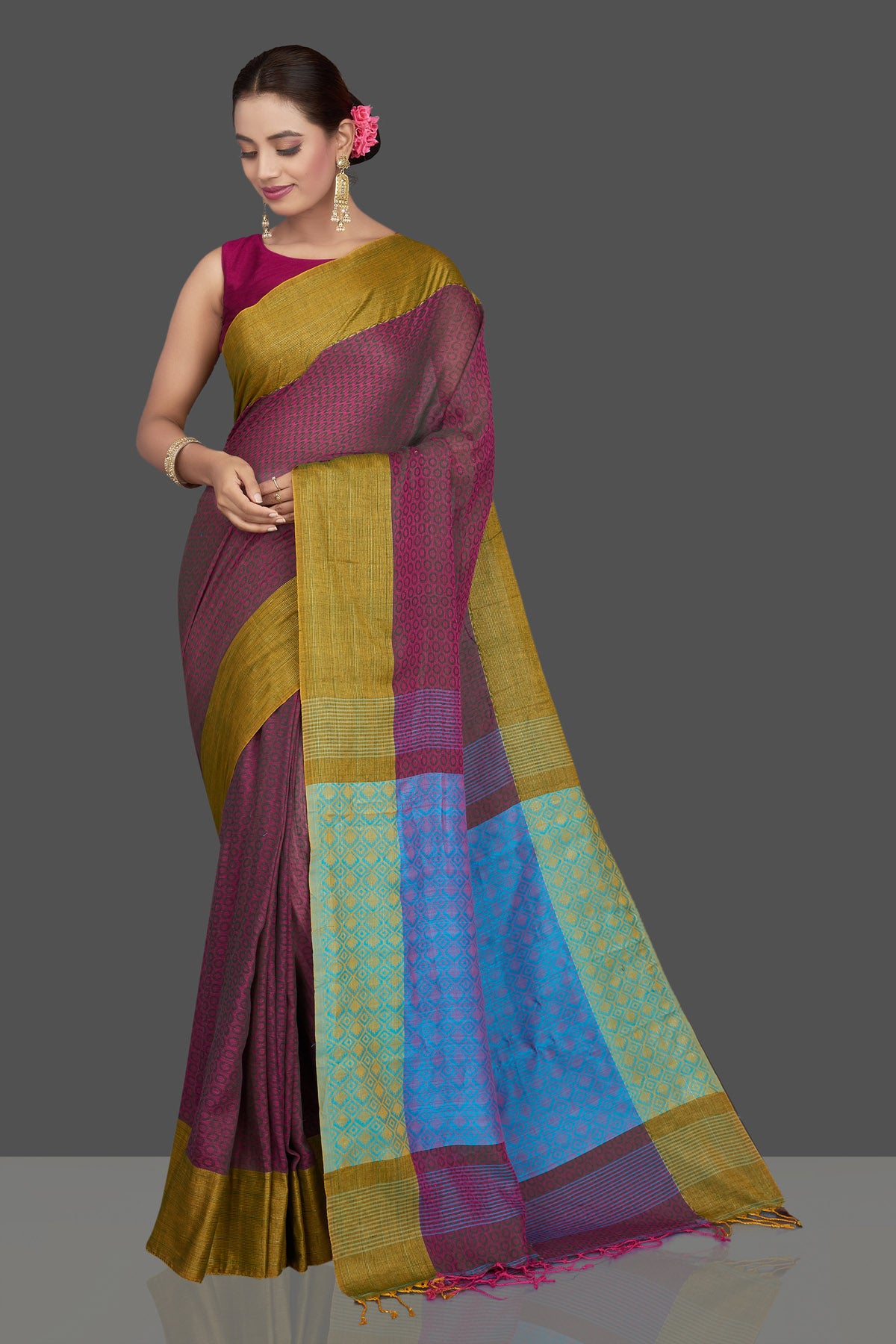 Buy stunning pinkish purple khaddi sari online in USA with blue jacquard weave pallu. Look gorgeous on special occasions with exquisite Indian sarees, handwoven sarees, Banarasi sarees, pure silk sarees from Pure Elegance Indian saree store in USA.-full view