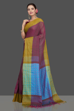 Buy stunning pinkish purple khaddi sari online in USA with blue jacquard weave pallu. Look gorgeous on special occasions with exquisite Indian sarees, handwoven sarees, Banarasi sarees, pure silk sarees from Pure Elegance Indian saree store in USA.-pallu