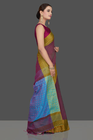Buy stunning pinkish purple khaddi sari online in USA with blue jacquard weave pallu. Look gorgeous on special occasions with exquisite Indian sarees, handwoven sarees, Banarasi sarees, pure silk sarees from Pure Elegance Indian saree store in USA.-side