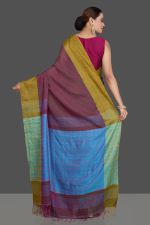 Buy stunning pinkish purple khaddi sari online in USA with blue jacquard weave pallu. Look gorgeous on special occasions with exquisite Indian sarees, handwoven sarees, Banarasi sarees, pure silk sarees from Pure Elegance Indian saree store in USA.-back