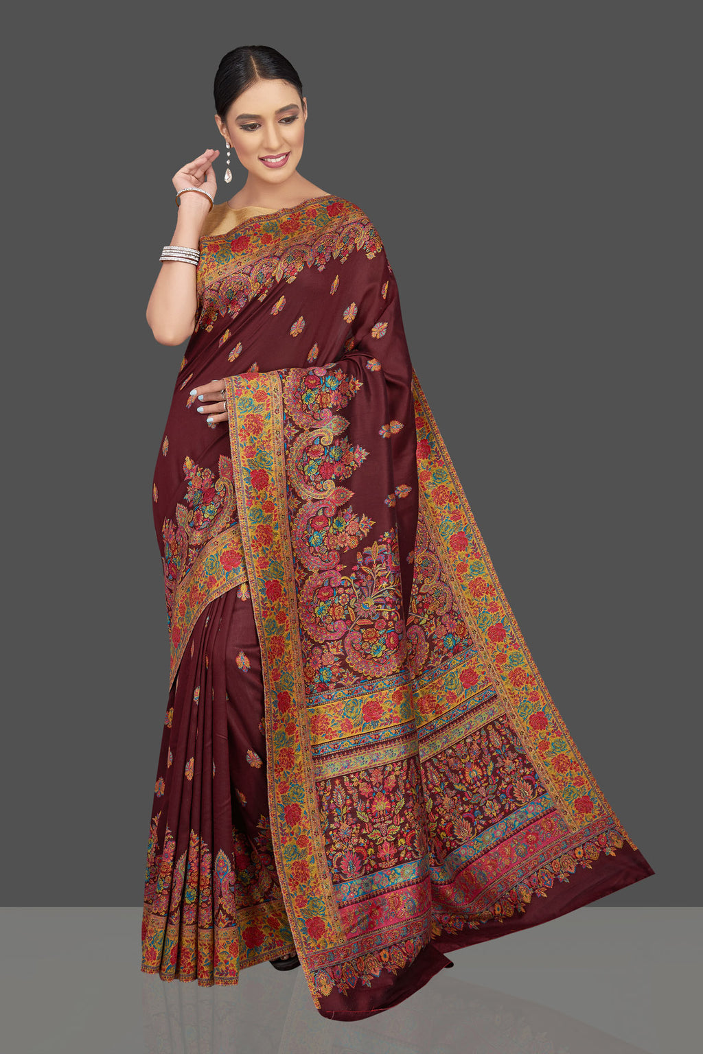 Shop stunning wine color tussar silk sari online in USA with Kani embroidery. Look beautiful on weddings and special occasions in stunning Kanchipuram saris, pure silk sarees, handwoven saris from Pure Elegance Indian fashion store in USA.-full view