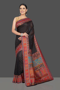 Shop stunning black tussar silk saree online in USA with kani embroidery. Look beautiful on weddings and special occasions in stunning Kanchipuram saris, pure silk sarees, handwoven saris from Pure Elegance Indian fashion store in USA.-full view