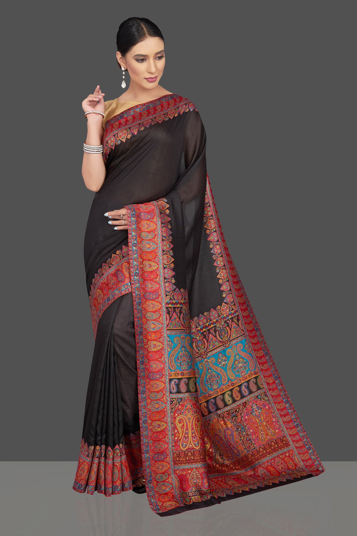 Shop stunning black tussar silk saree online in USA with kani embroidery. Look beautiful on weddings and special occasions in stunning Kanchipuram saris, pure silk sarees, handwoven saris from Pure Elegance Indian fashion store in USA.-pallu