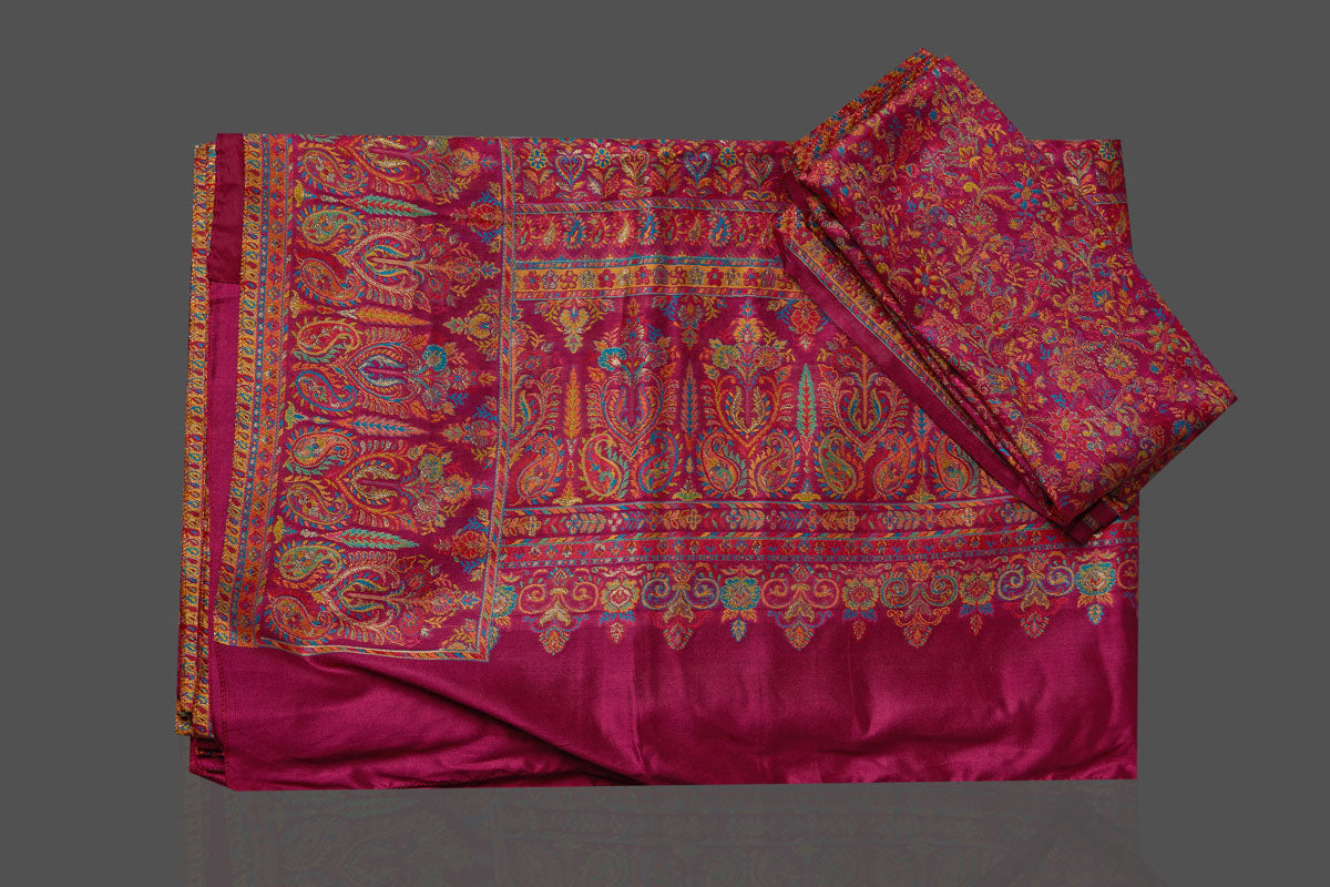 Shop beautiful magenta tussar silk sari online in USA with Kani embroidery. Make your presence felt on special occasions in beautiful embroidered sarees, handwoven sarees, pure silk saris, tussar sarees from Pure Elegance Indian saree store in USA.-blouse