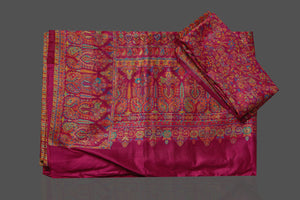 Shop beautiful magenta tussar silk sari online in USA with Kani embroidery. Make your presence felt on special occasions in beautiful embroidered sarees, handwoven sarees, pure silk saris, tussar sarees from Pure Elegance Indian saree store in USA.-blouse