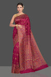 Shop beautiful magenta tussar silk sari online in USA with Kani embroidery. Make your presence felt on special occasions in beautiful embroidered sarees, handwoven sarees, pure silk saris, tussar sarees from Pure Elegance Indian saree store in USA.-full view
