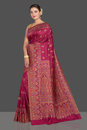 Shop beautiful magenta tussar silk sari online in USA with Kani embroidery. Make your presence felt on special occasions in beautiful embroidered sarees, handwoven sarees, pure silk saris, tussar sarees from Pure Elegance Indian saree store in USA.-pallu