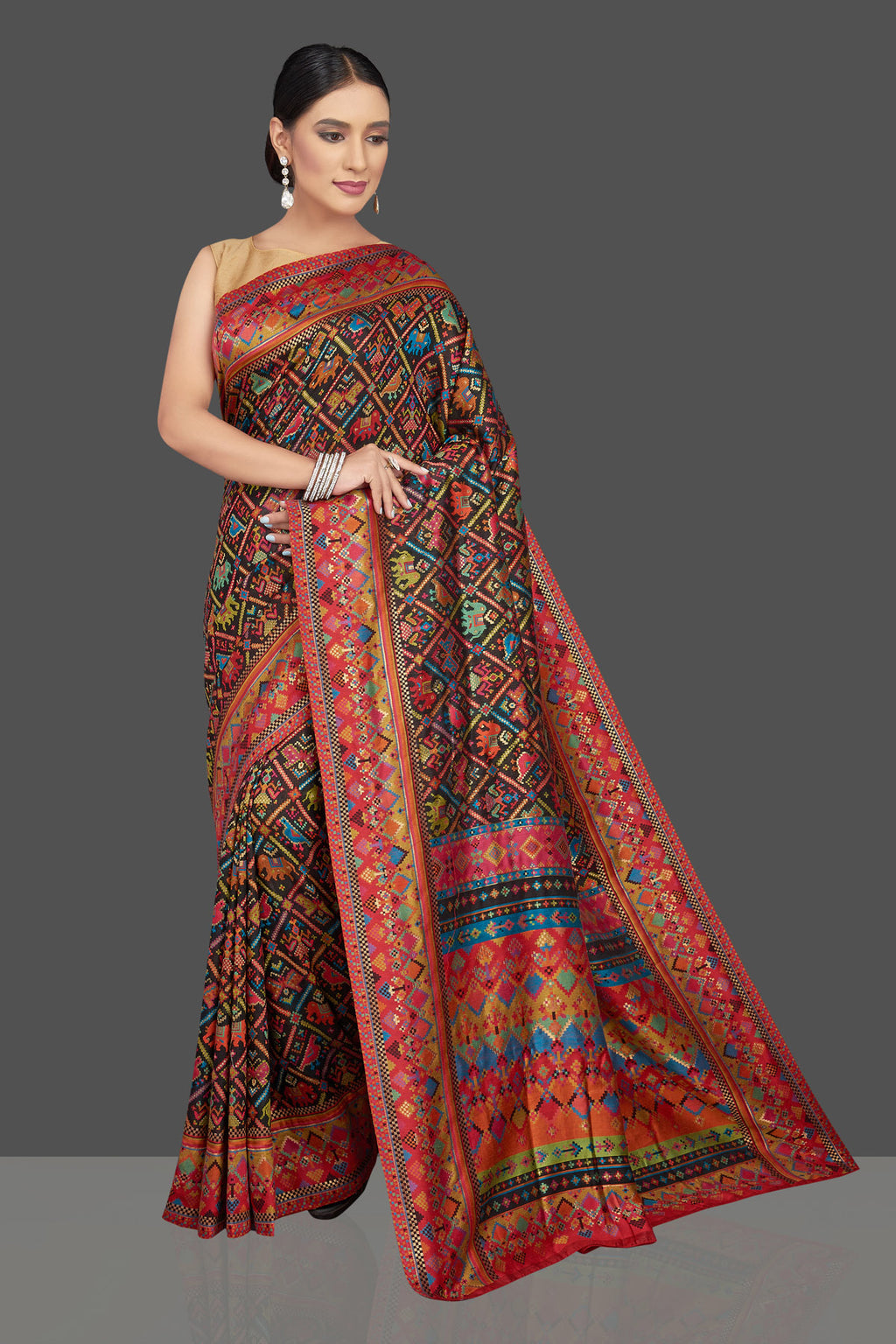 Shop stunning black Kani silk saree online in USA. Look beautiful on weddings and special occasions in stunning Kanchipuram saris, pure silk sarees, handwoven saris from Pure Elegance Indian fashion store in USA.-full view
