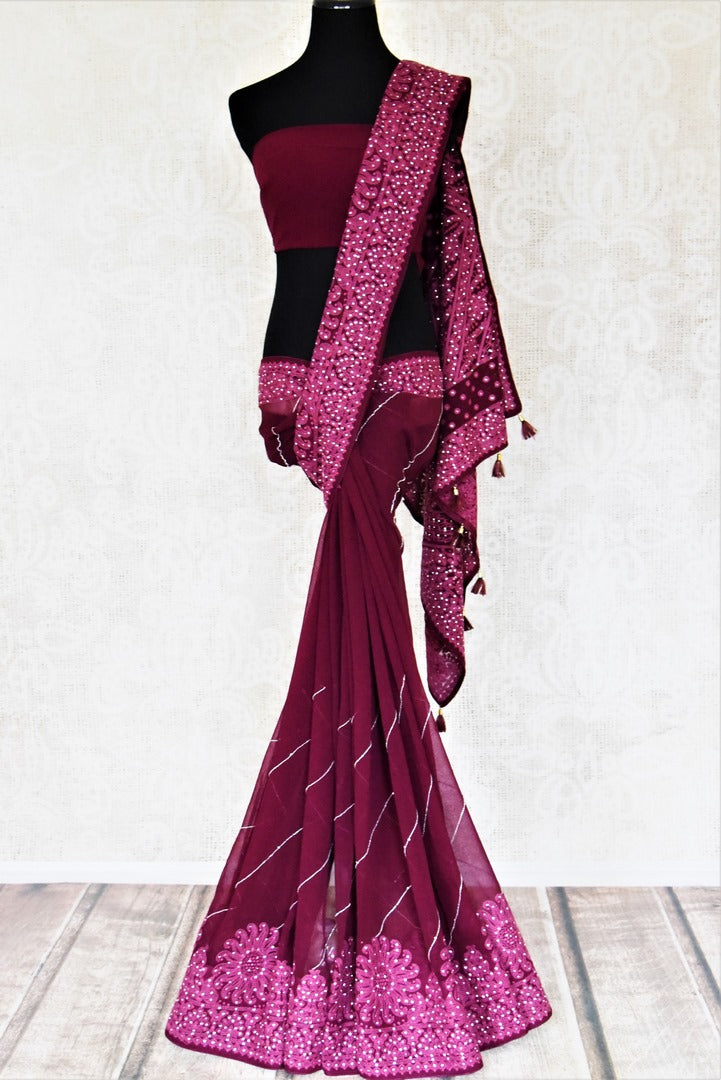 Shop beautiful magenta chikankari and stone work georgette saree online in USA. Choose from an exclusive collection of printed sarees, pure silk sarees, handwoven sarees, zari work sarees, embroidered sarees from Pure Elegance Indian clothing store in USA.-full view