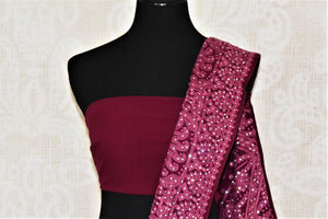 Shop beautiful magenta chikankari and stone work georgette saree online in USA. Choose from an exclusive collection of printed sarees, pure silk sarees, handwoven sarees, zari work sarees, embroidered sarees from Pure Elegance Indian clothing store in USA.-blouse pallu