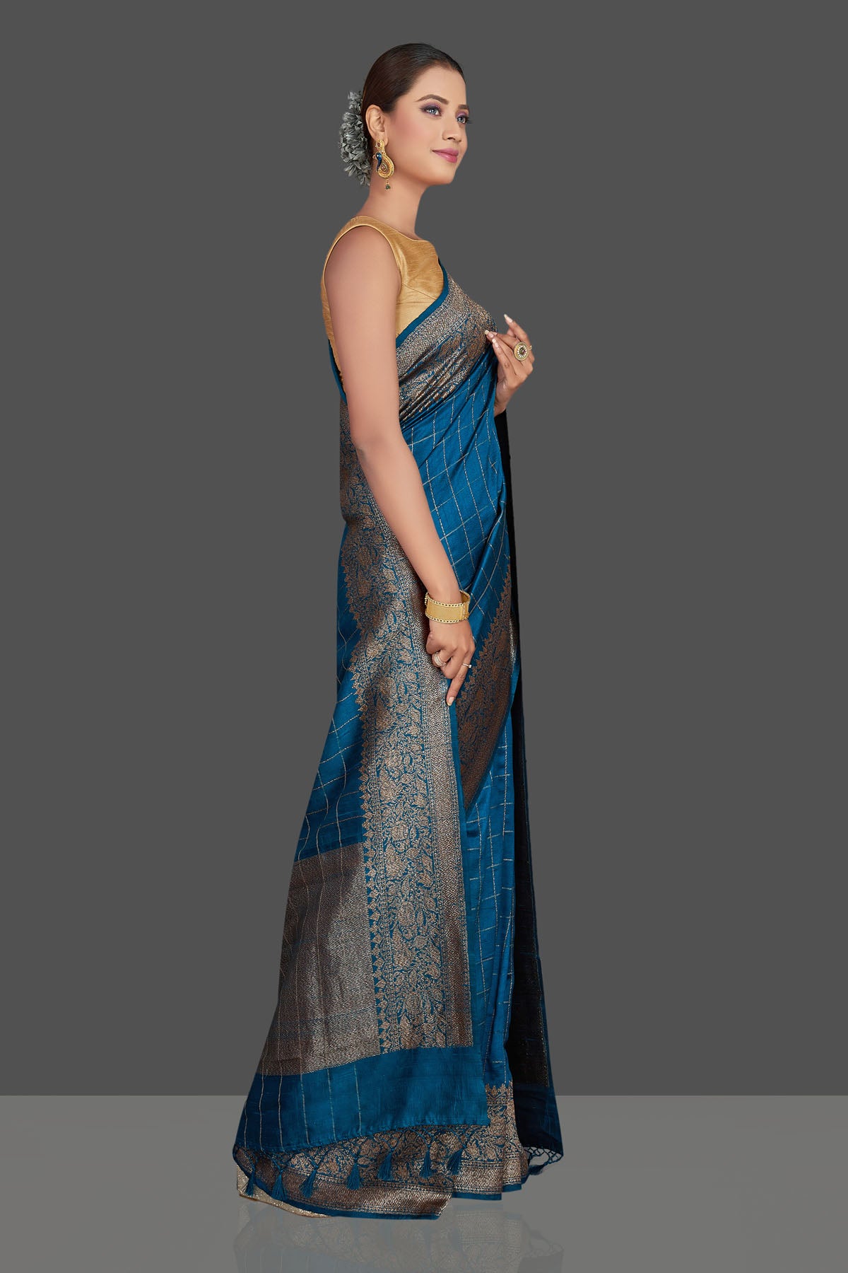 Buy stunning dark blue check tussar Banarasi saree online in USA with antique zari border. Look your best on special occasions with stunning Banarasi sarees, pure silk sarees, tussar saris, handwoven sarees from Pure Elegance Indian saree store in USA.-left