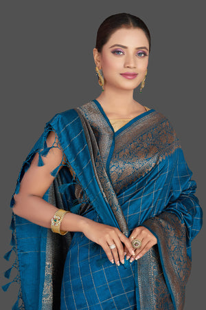 Buy stunning dark blue check tussar Banarasi saree online in USA with antique zari border. Look your best on special occasions with stunning Banarasi sarees, pure silk sarees, tussar saris, handwoven sarees from Pure Elegance Indian saree store in USA.-closeup