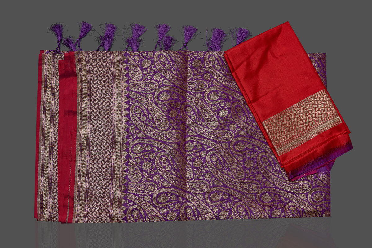 Shop stunning purple tussar Banarasi saree online in USA with overall zari work. Look your best on special occasions with stunning Banarasi sarees, pure silk sarees, tussar saris, handwoven sarees from Pure Elegance Indian saree store in USA.-blouse