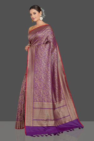 Shop stunning purple tussar Banarasi saree online in USA with overall zari work. Look your best on special occasions with stunning Banarasi sarees, pure silk sarees, tussar saris, handwoven sarees from Pure Elegance Indian saree store in USA.-pallu